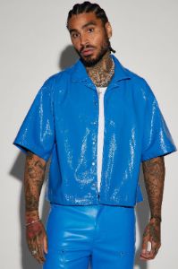 Da Baddie Faux Leather Cropped Button Up Shirt - Blue sold by Fashion Nova