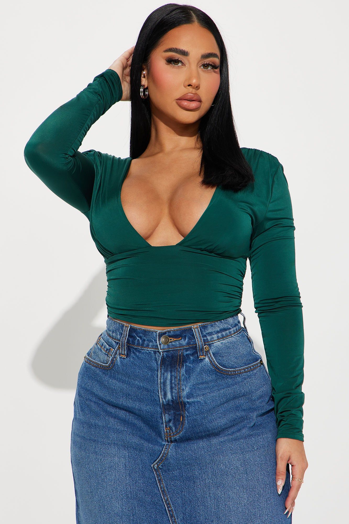Passion Plunge Neck Top - Hunter sold by Fashion Nova