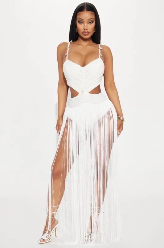Alana Fringe Maxi Dress - White sold by Fashion Nova