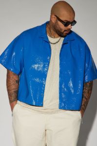 Da Baddie Faux Leather Cropped Button Up Shirt - Blue sold by Fashion Nova