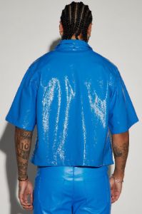 Da Baddie Faux Leather Cropped Button Up Shirt - Blue sold by Fashion Nova