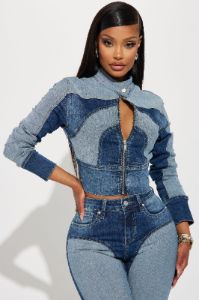 Coronado Two Tone Denim Moto Jacket - Medium Wash sold by Fashion Nova