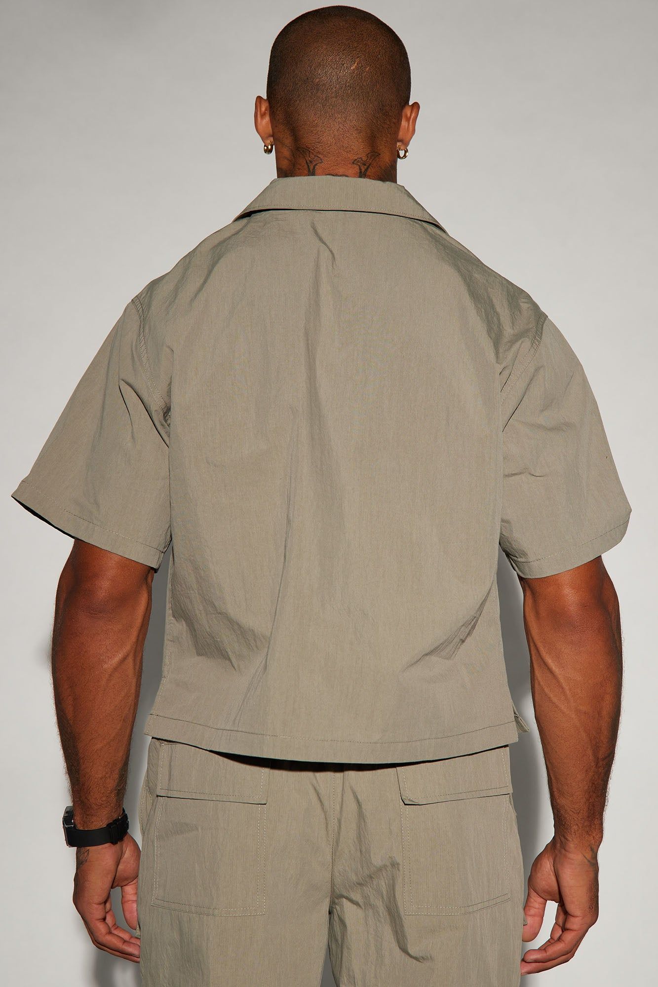 Lagos Textured Nylon Cropped Button Up Shirt - Olive sold by Fashion Nova product image thumbnail 4