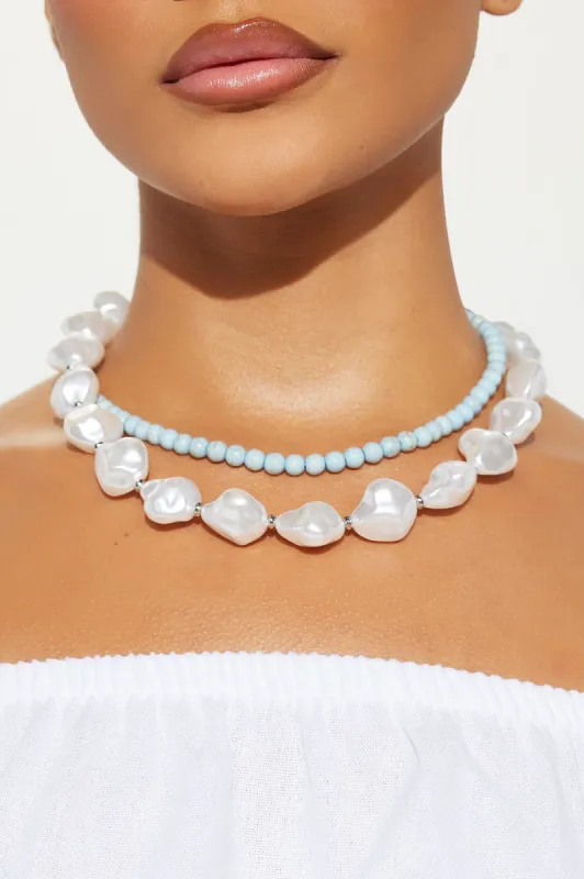 Life's A Beach 2 Piece Necklace Set - White/Blue made by Fashion Nova