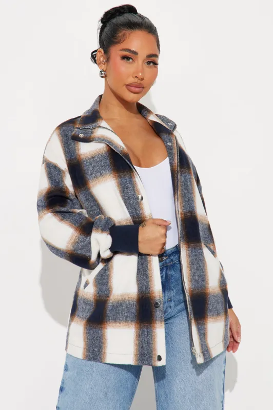 No Promises Plaid Jacket - Navy/combo sold by Fashion Nova