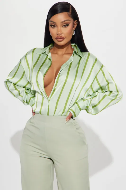 Bayside Satin Shirt - Green/combo sold by Fashion Nova