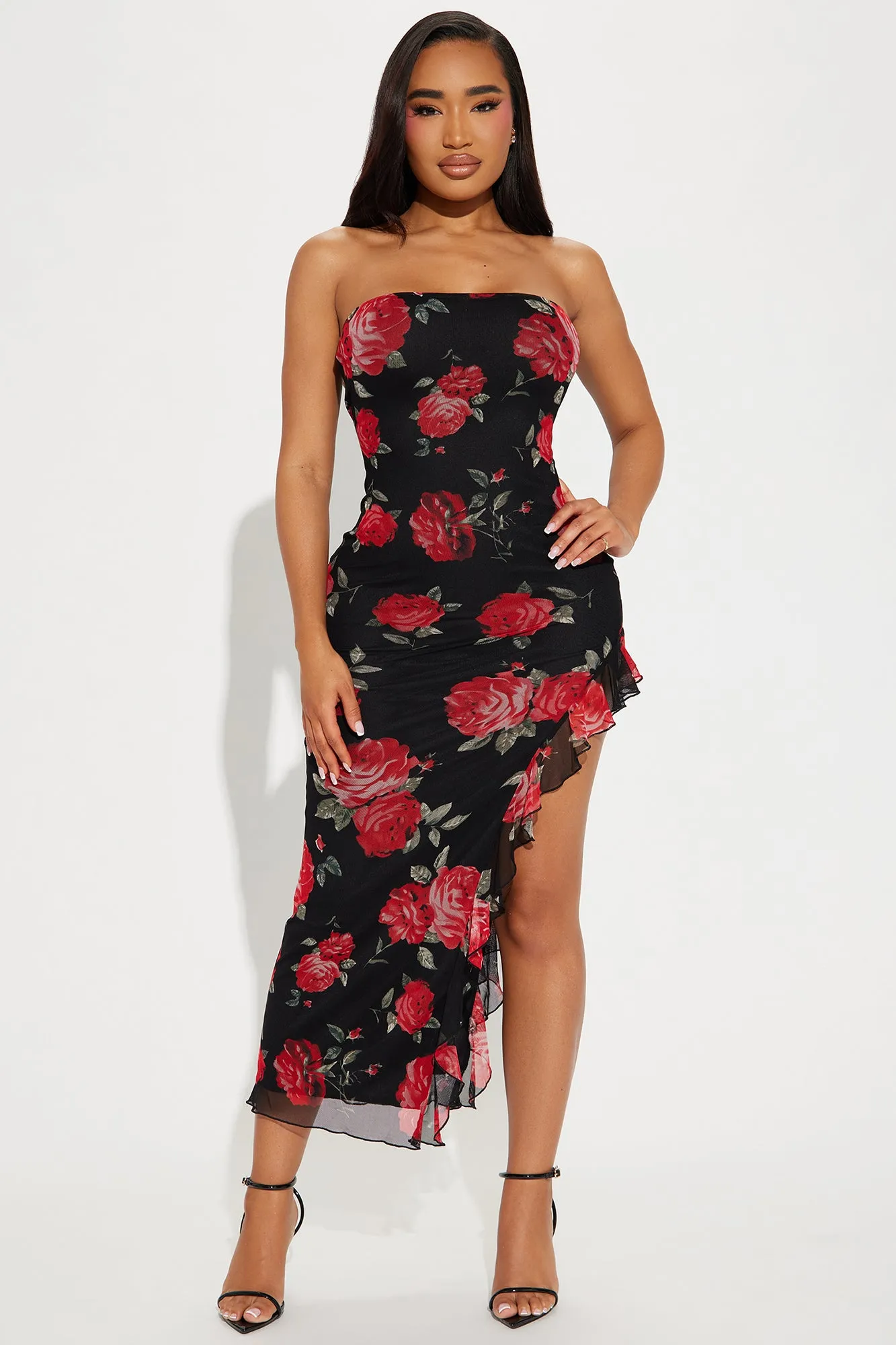 Camille Floral Mesh Maxi Dress - Black/combo sold by Fashion Nova