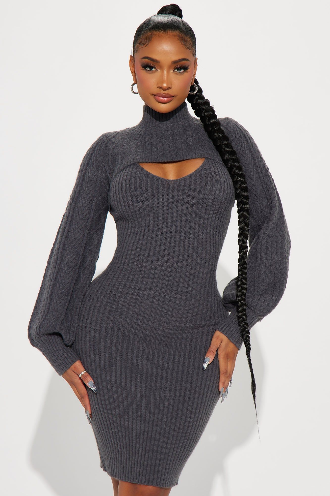 Wren Sweater Mini Dress Set - Charcoal sold by Fashion Nova