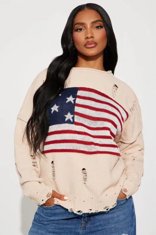 Proud Distressed Flag Sweater - Beige sold by Fashion Nova