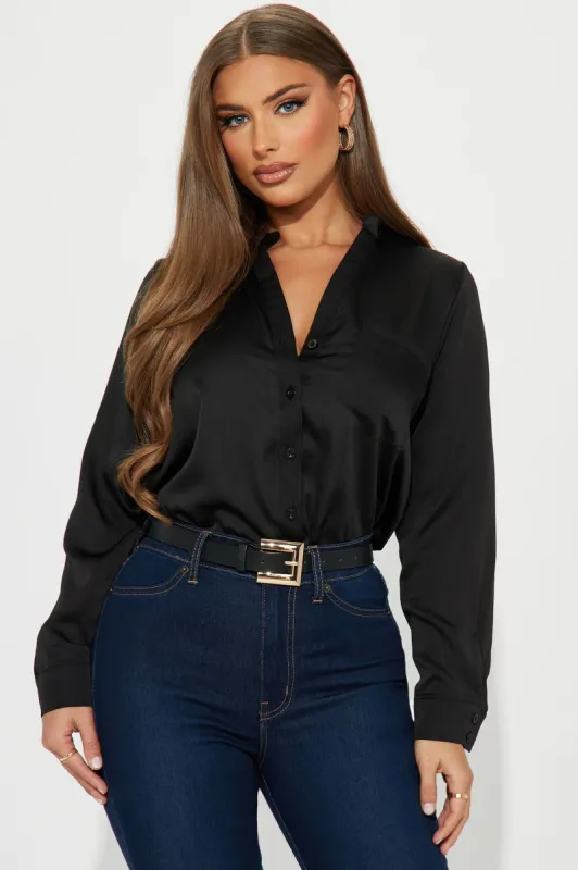 Beth Satin Shirt - Black sold by Fashion Nova
