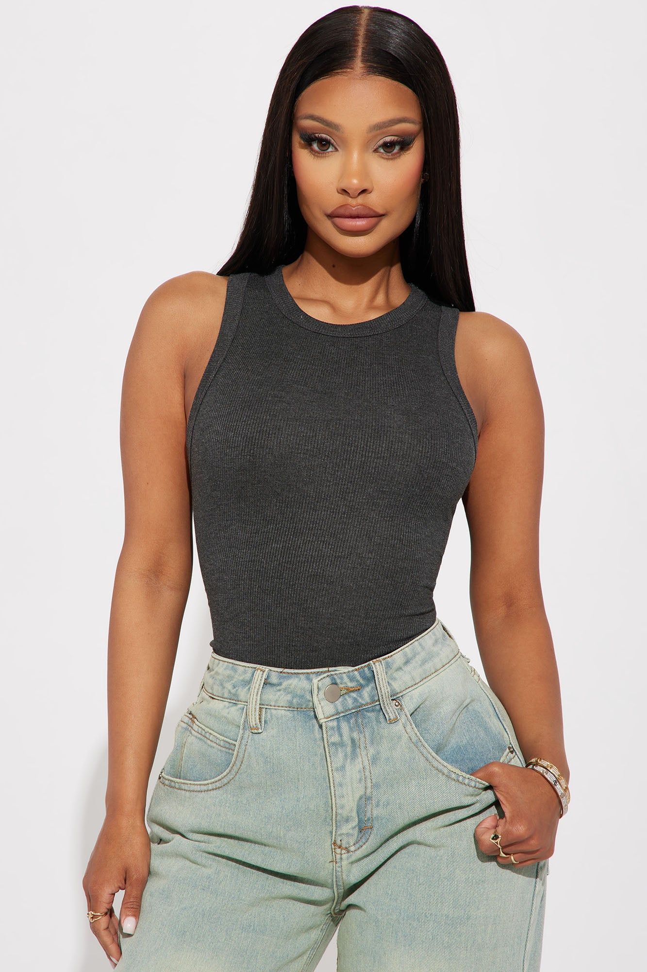 Hannah Ribbed Tank Top - Charcoal sold by Fashion Nova