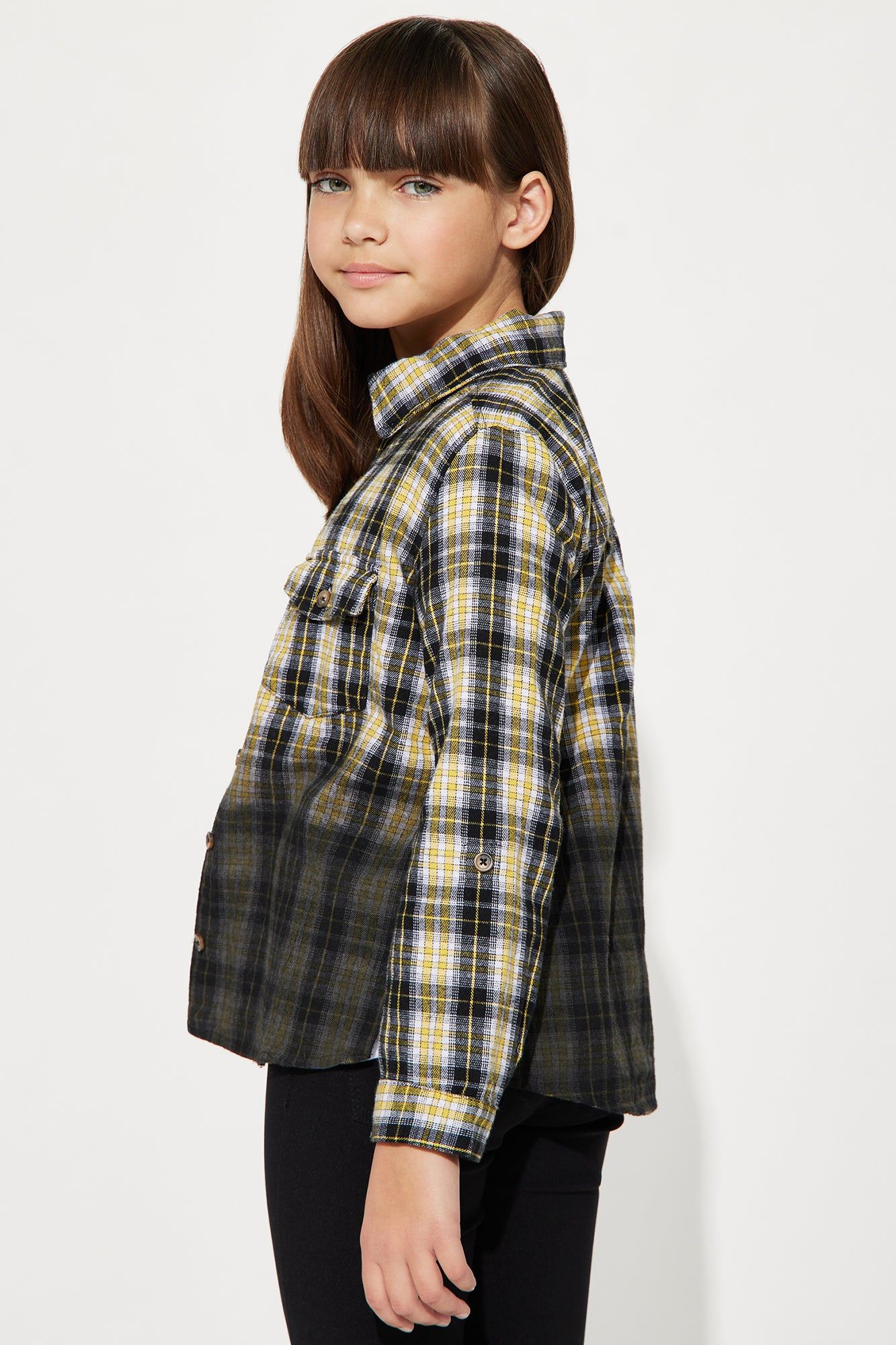 Mini Long Sleeve Dip Dye Knit Plaid Flannel - Gold/Multi sold by Fashion Nova product image thumbnail 3