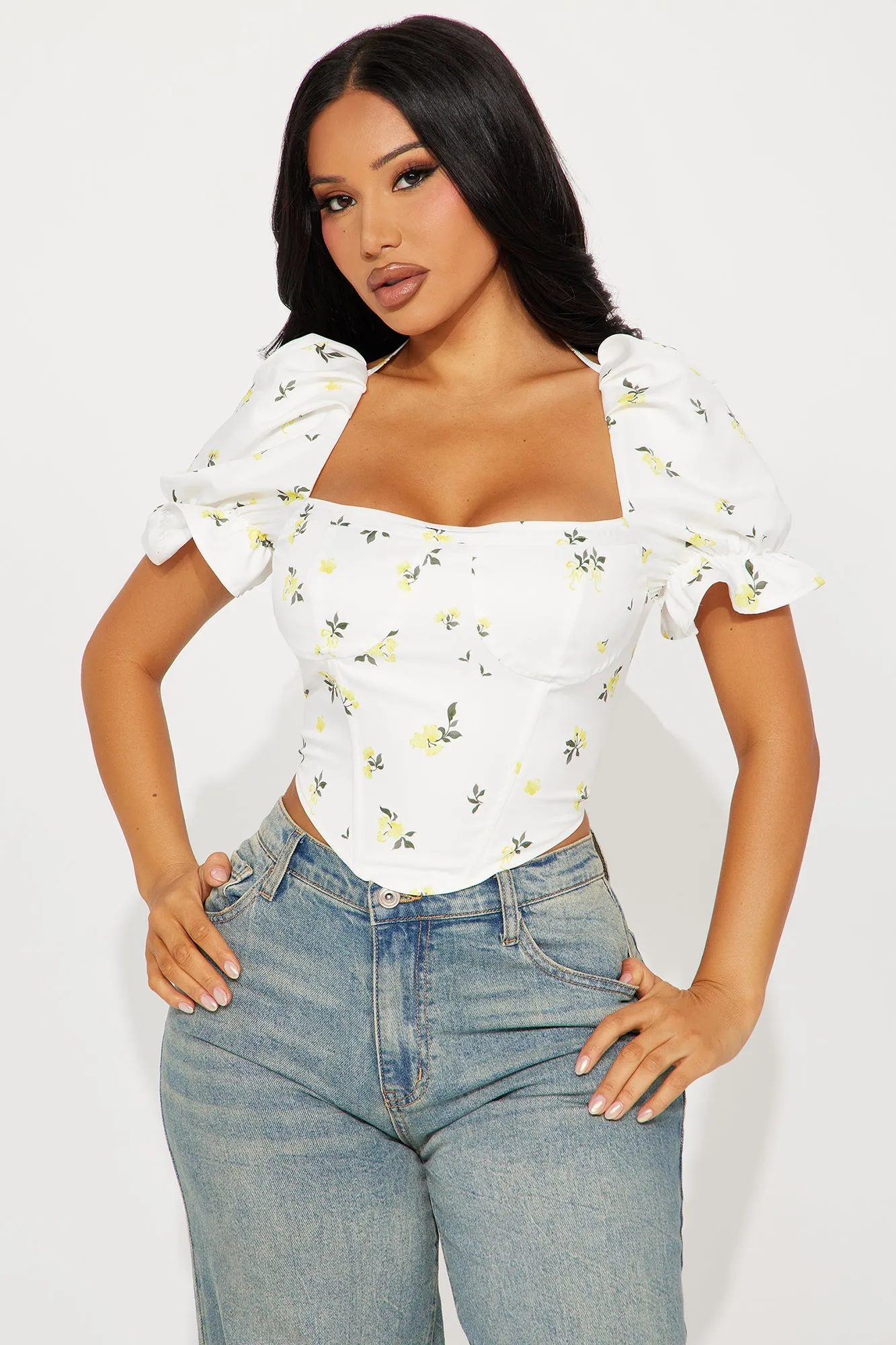 Athena Floral Corset Top - Ivory/combo sold by Fashion Nova