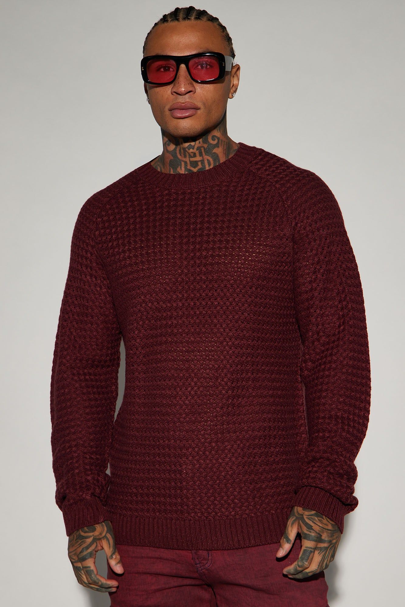 Say Less Cableknit Raglan Sweater - Burgundy sold by Fashion Nova