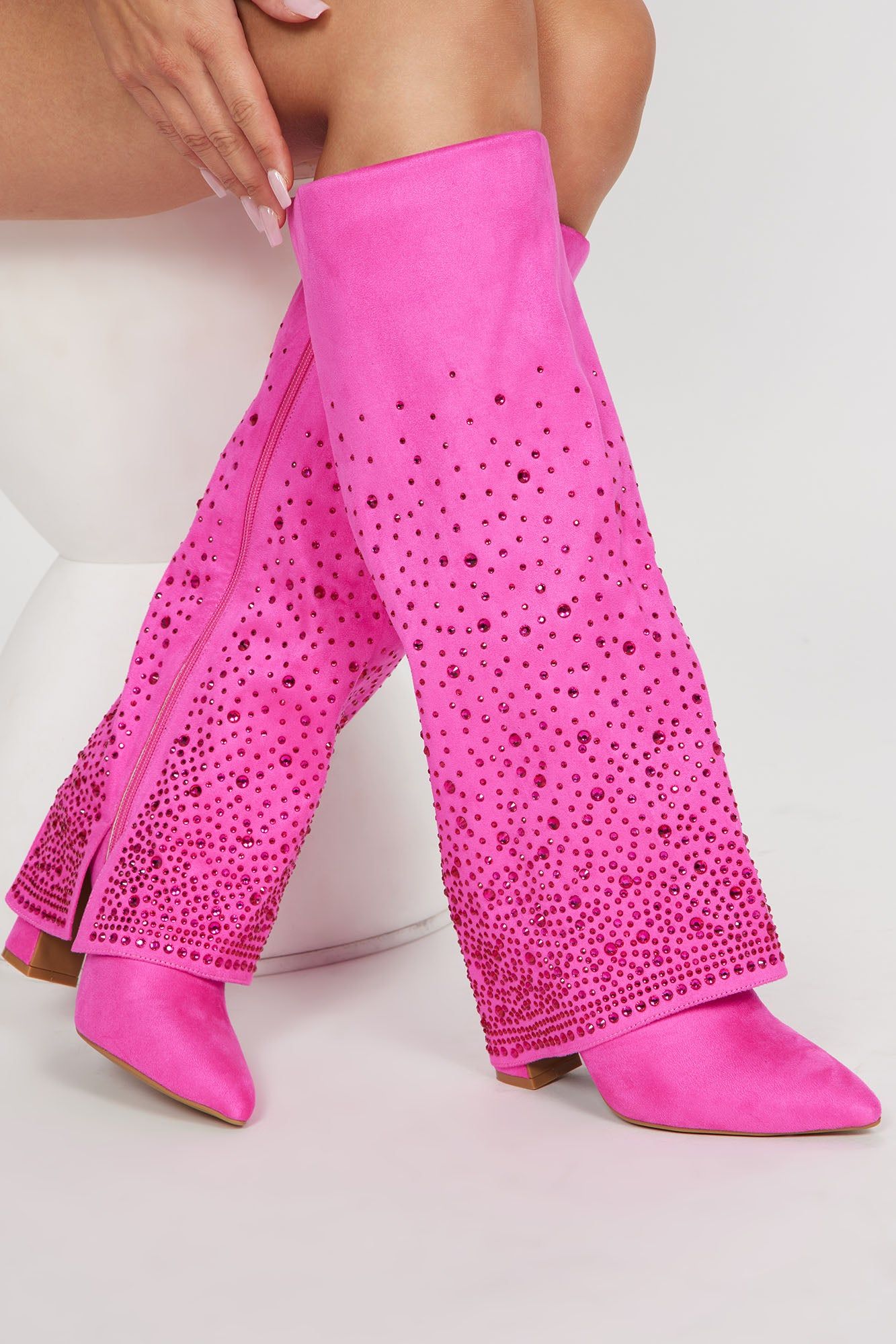 The Best Vibe Knee High Heeled Boots - Pink sold by Fashion Nova