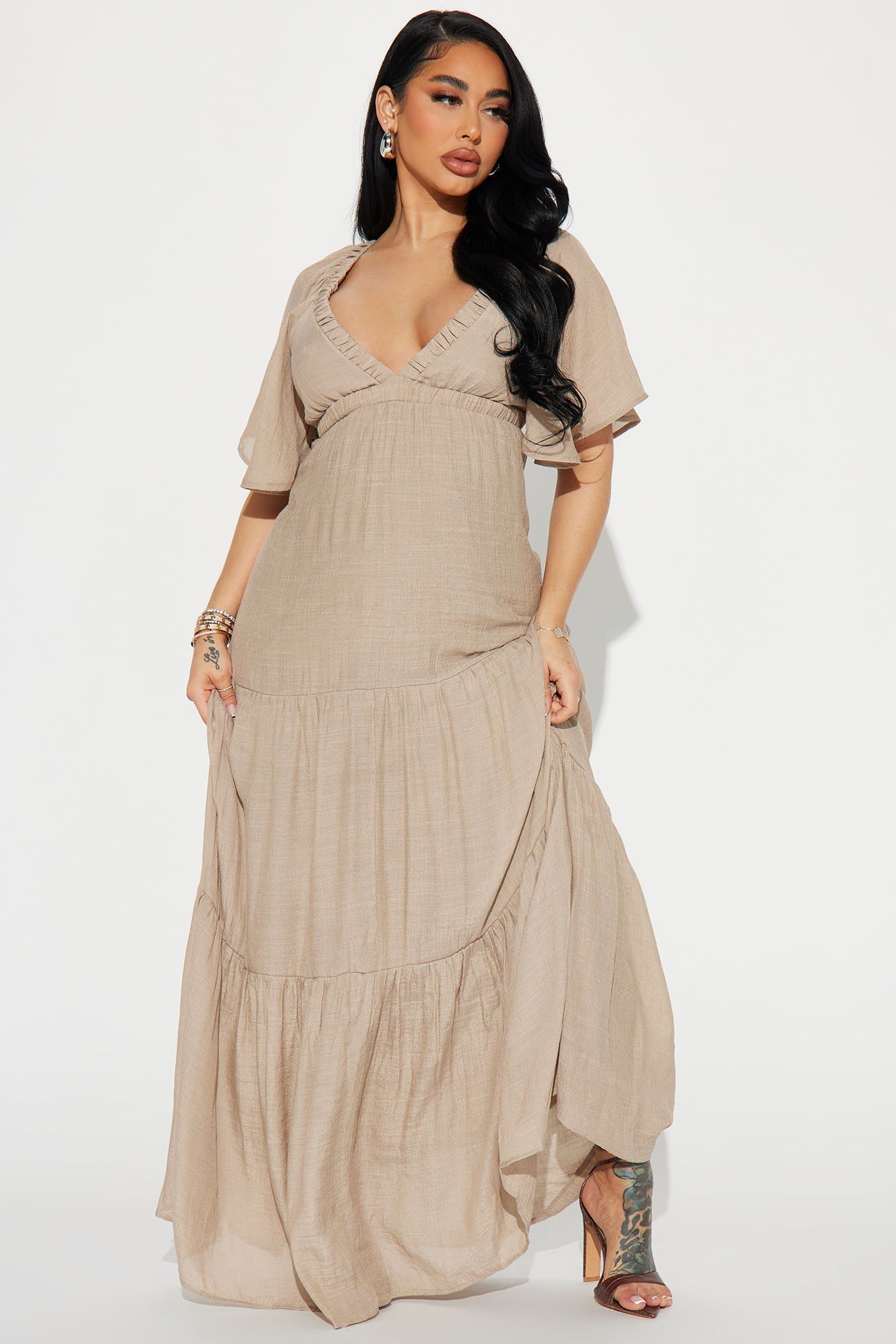 Elena Ruffle Maxi Dress - Mocha sold by Fashion Nova
