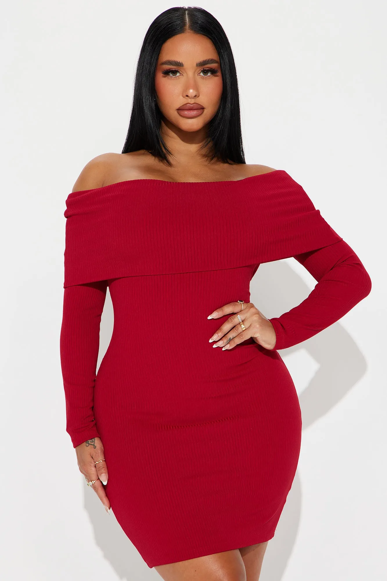 Marlow Ribbed Off Shoulder Mini Dress - Burgundy sold by Fashion Nova