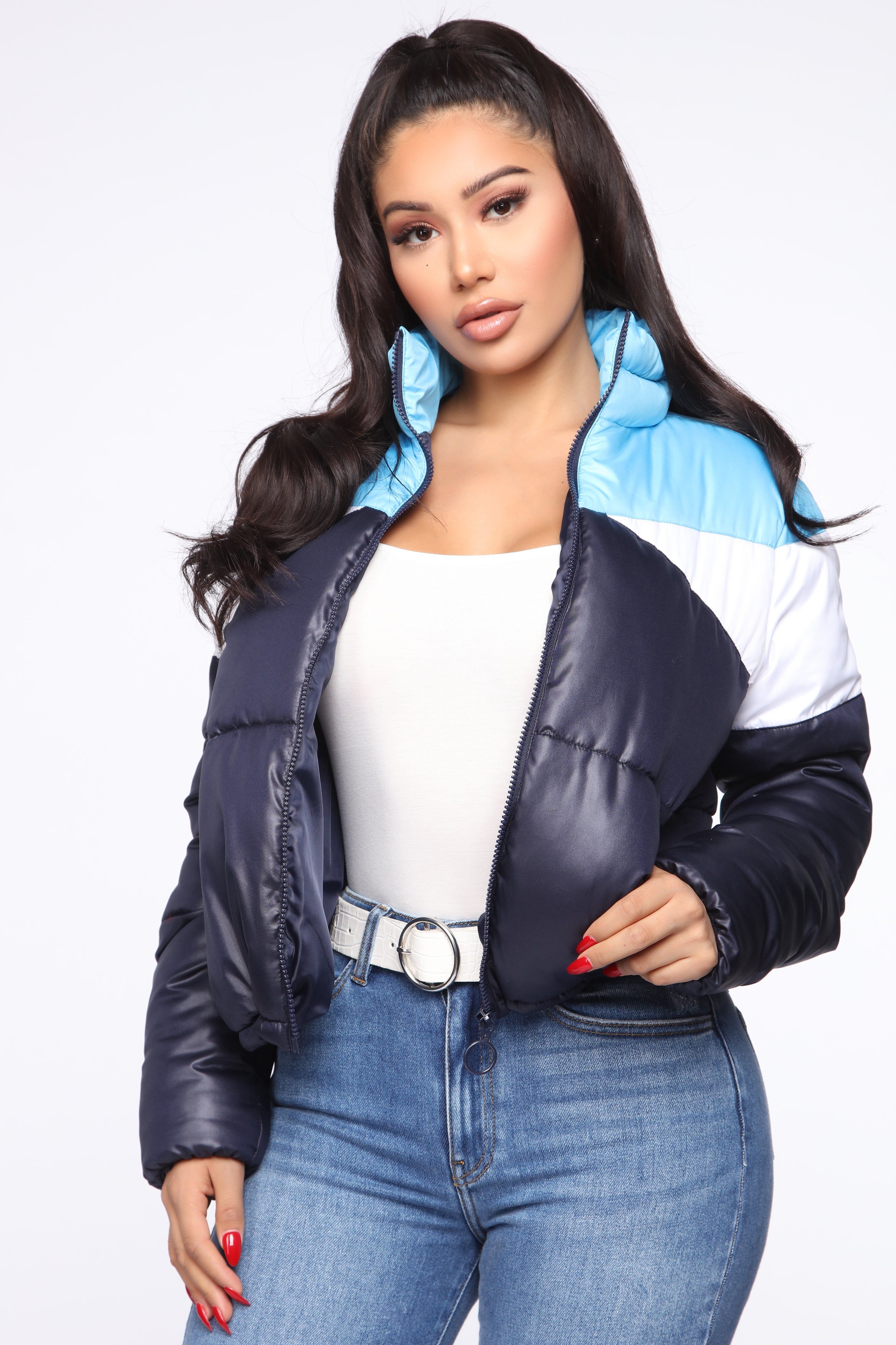 Rain Won't Stop Me Puffer Jacket - Blue/combo sold by Fashion Nova