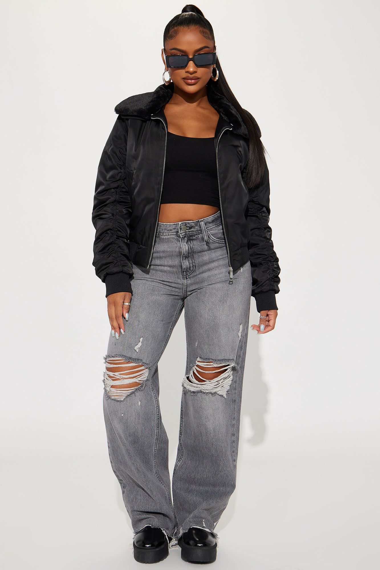 Let It Go Bomber Jacket - Black sold by Fashion Nova