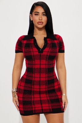 Riley Sweater Mini Dress - Red/combo sold by Fashion Nova