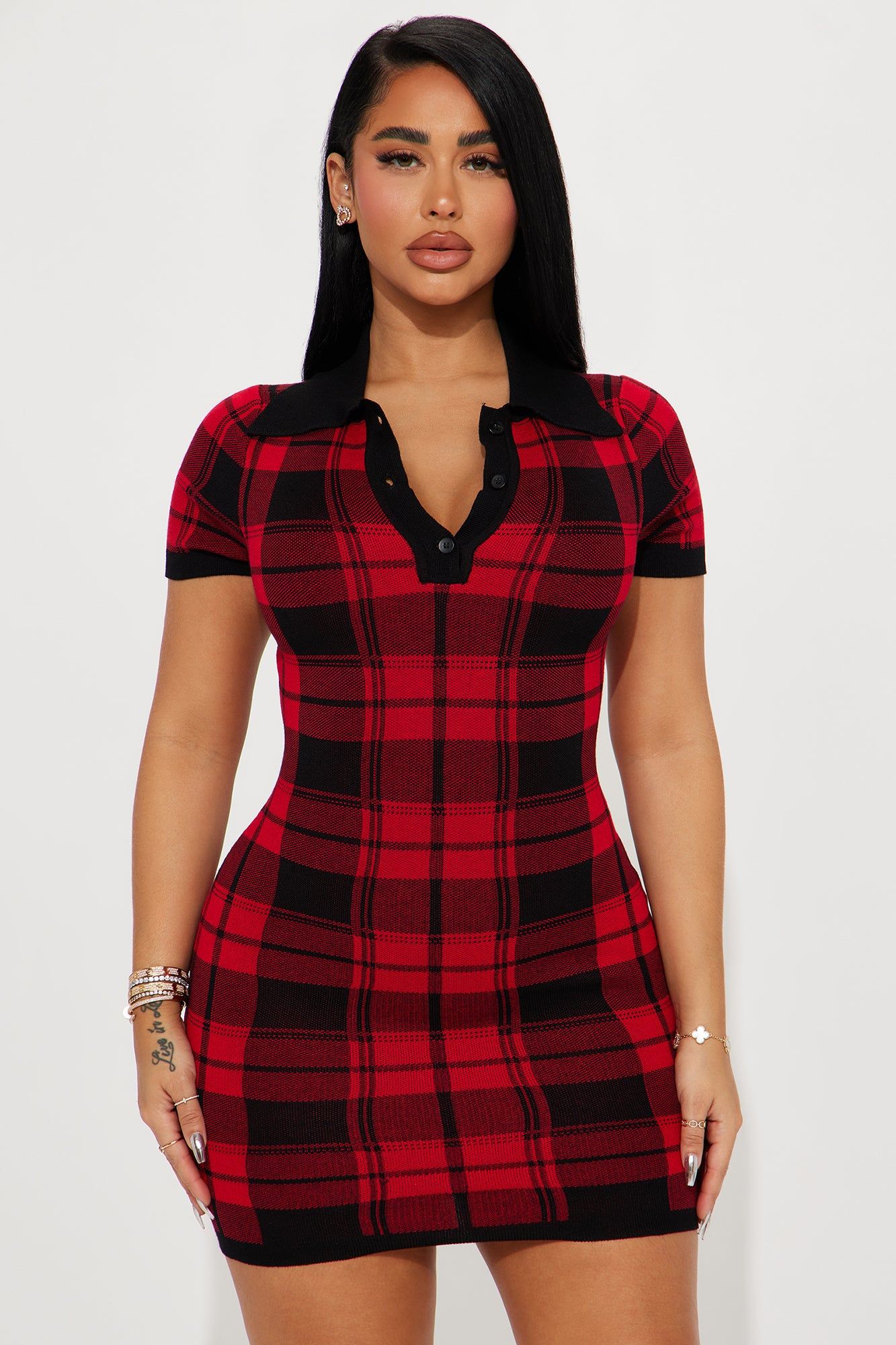 Riley Sweater Mini Dress - Red/combo sold by Fashion Nova