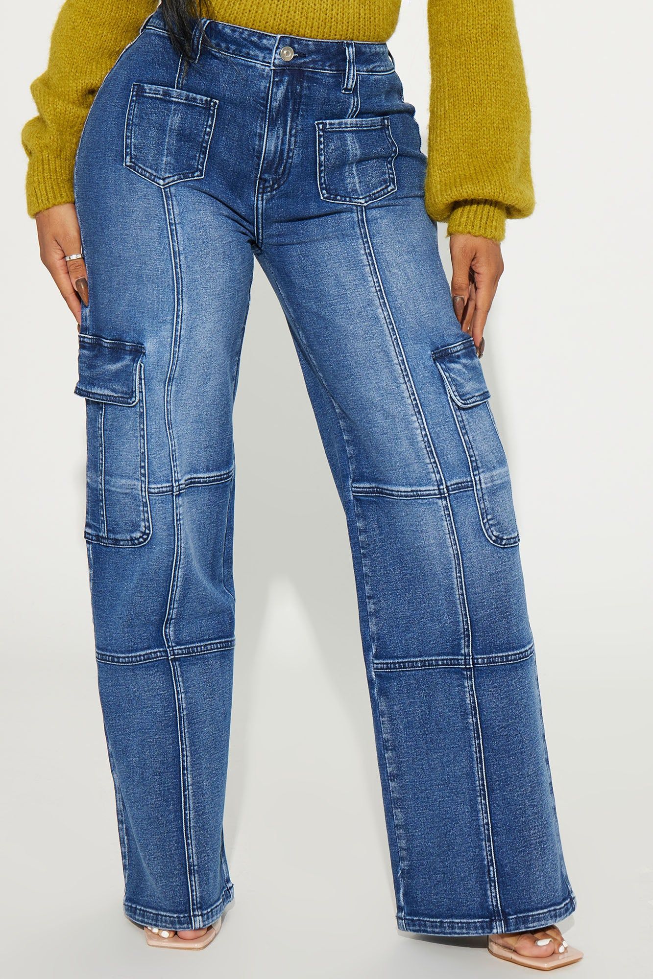 Never Stop Low Stretch Cargo Straight Leg Jeans - Dark Wash sold by Fashion Nova product image thumbnail 2