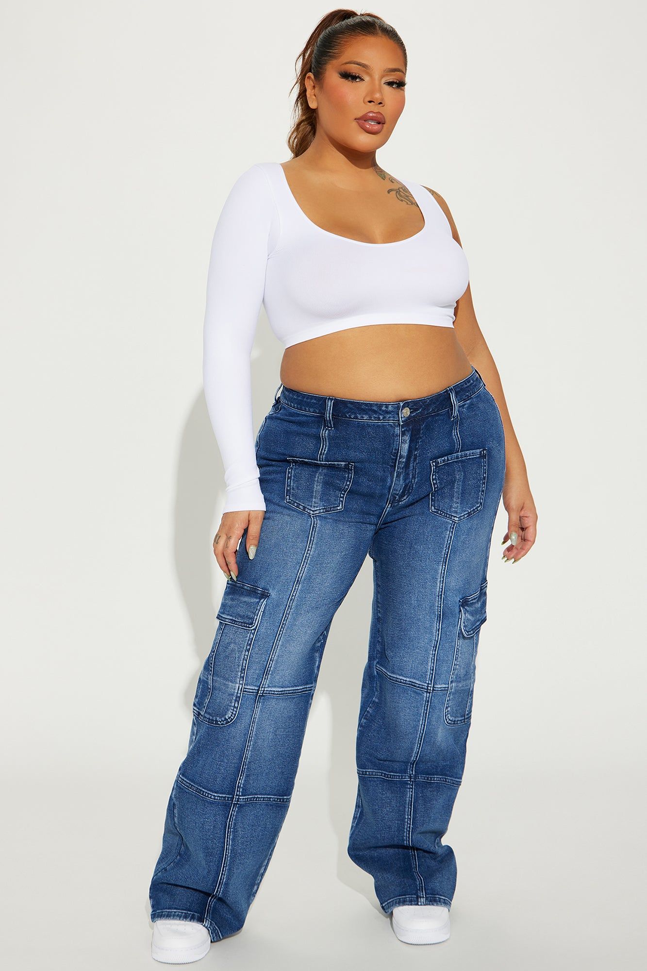 Never Stop Low Stretch Cargo Straight Leg Jeans - Dark Wash sold by Fashion Nova product image thumbnail 4