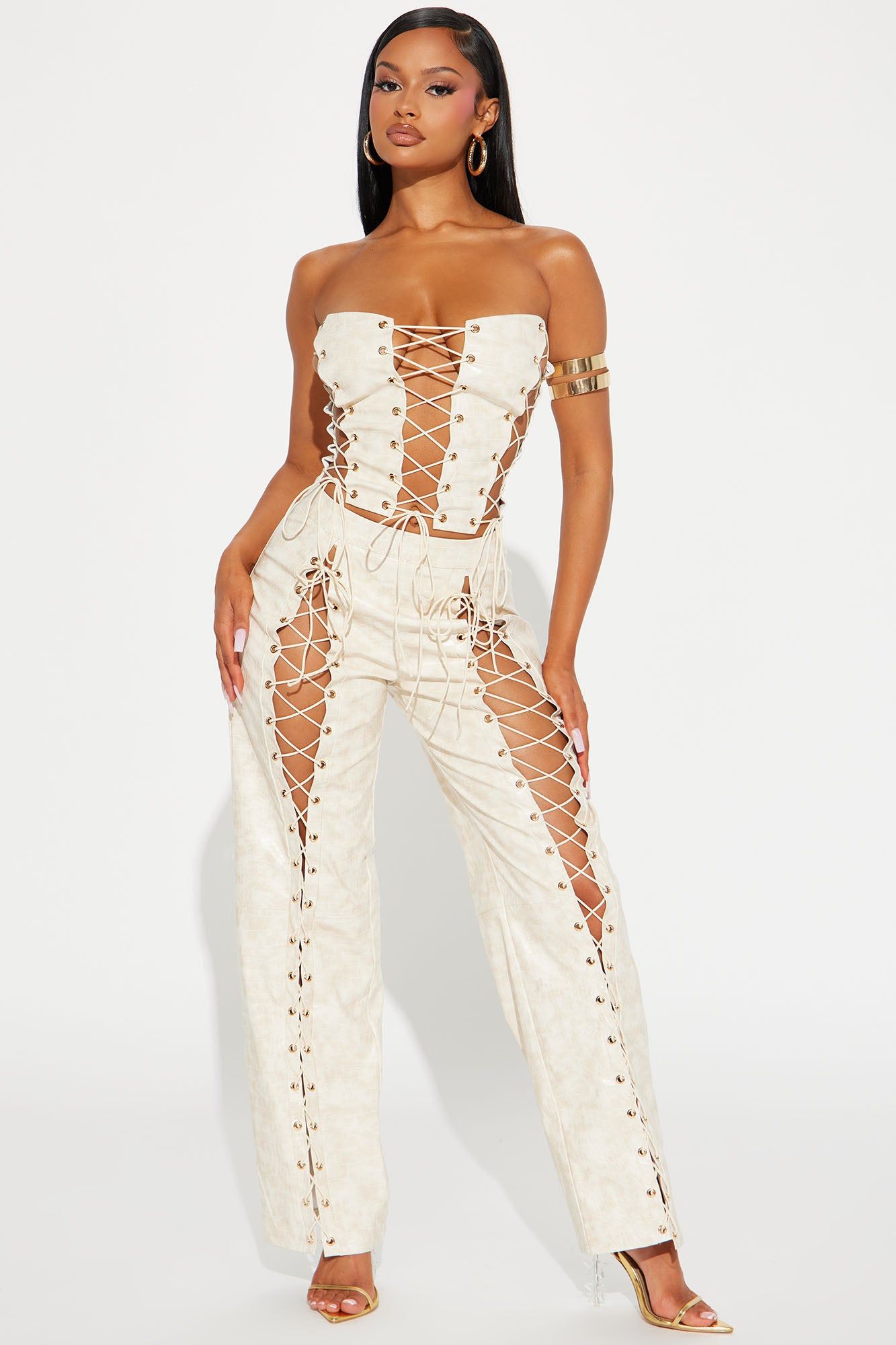 Vicious Lace Up Faux Leather Pant Set - Taupe sold by Fashion Nova