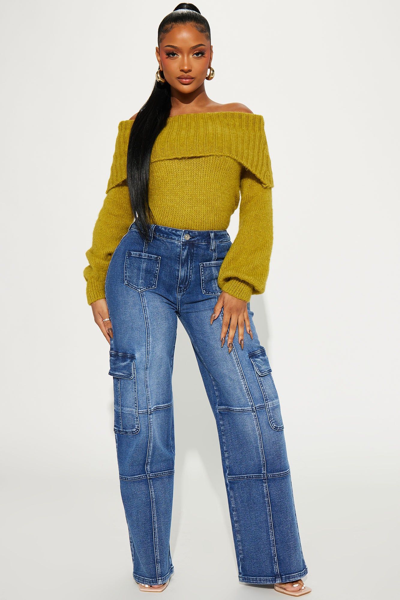 Never Stop Low Stretch Cargo Straight Leg Jeans - Dark Wash sold by Fashion Nova