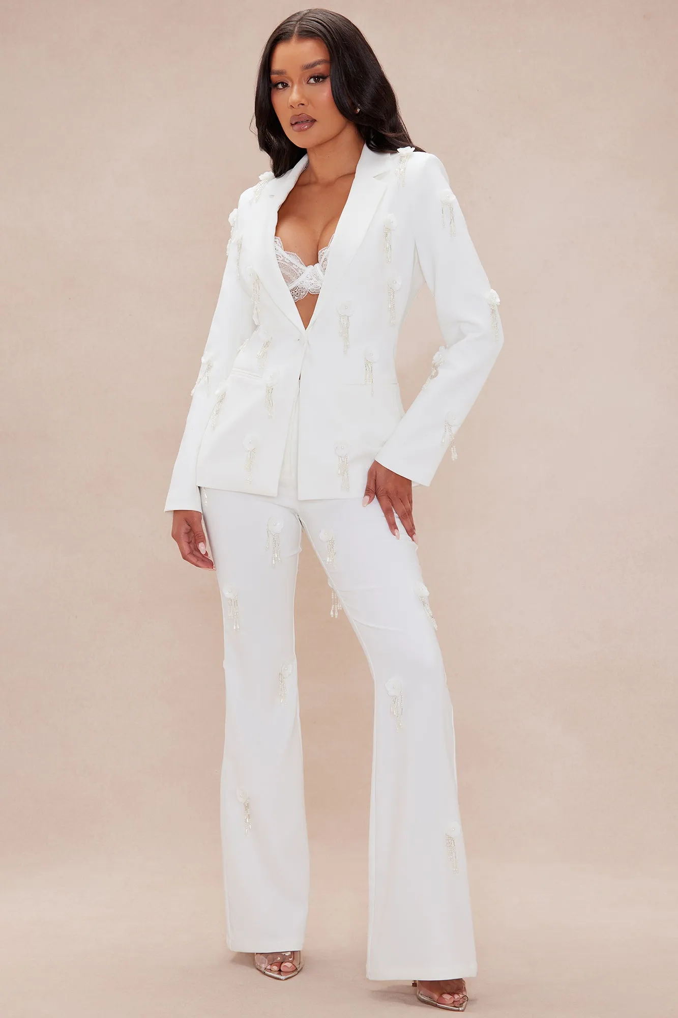 Mila Floral Embellished Blazer Suit Set- Ivory sold by Fashion Nova