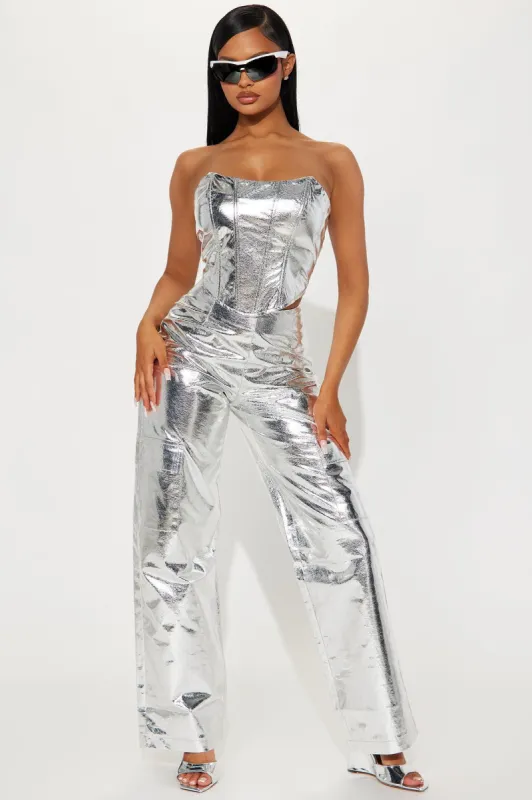 Sadie Metallic Pant Set - Silver sold by Fashion Nova