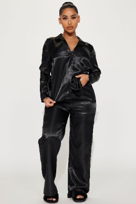 Pillow Fight Satin PJ Pant Set - Black sold by Fashion Nova