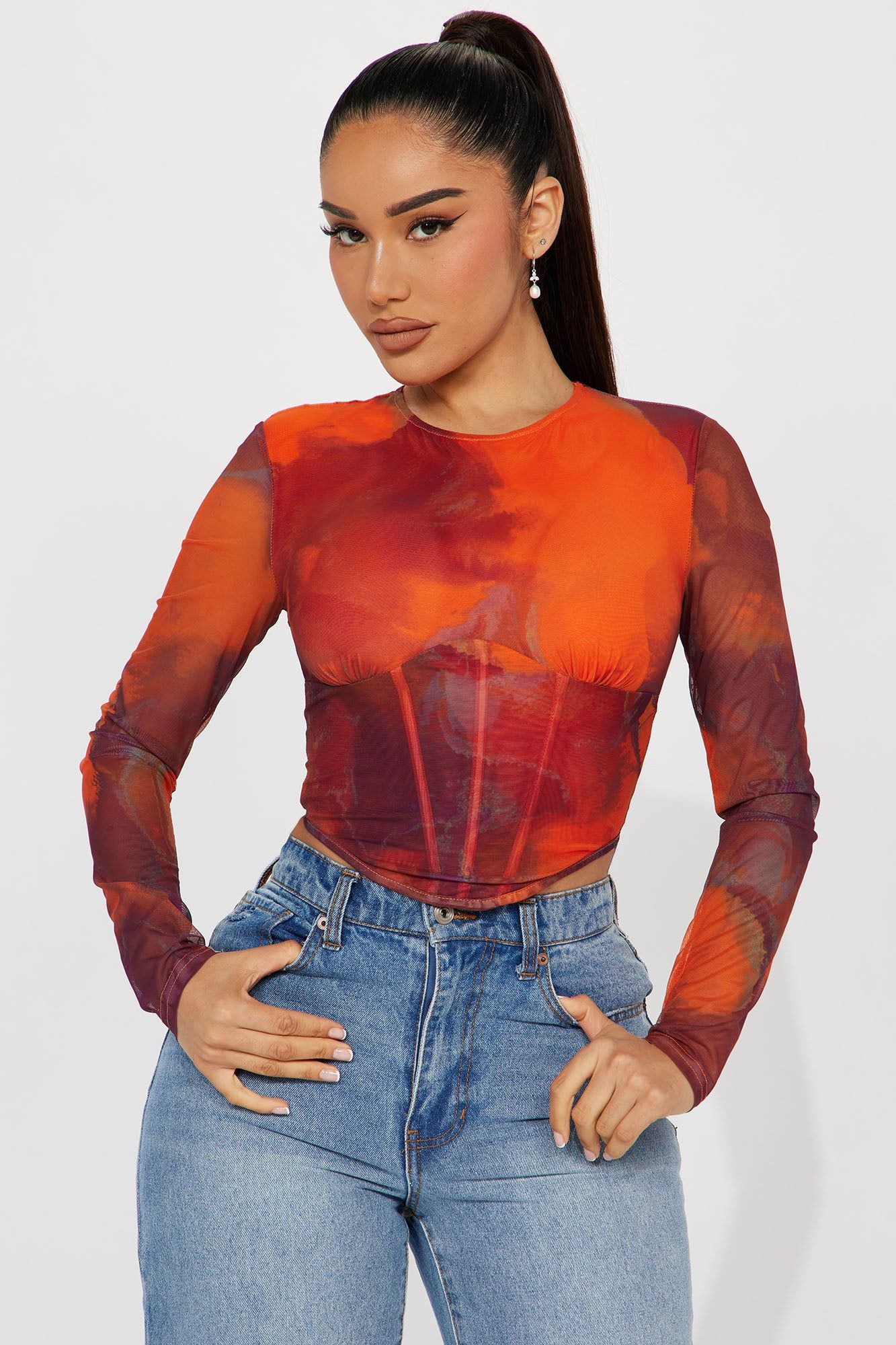 My Moment Mesh Corset Top - Orange/combo sold by Fashion Nova
