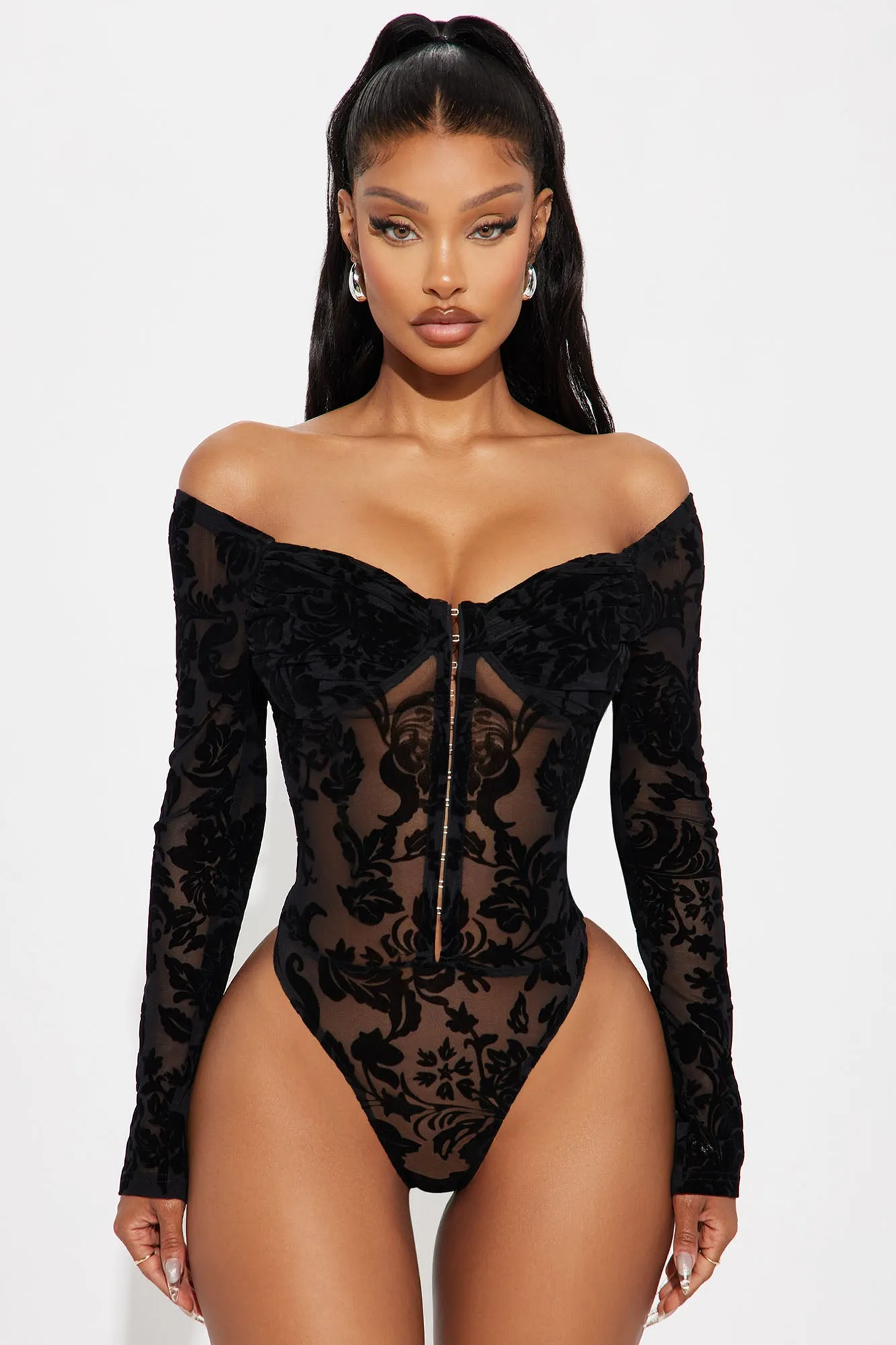 Mi Amore Flocked Bodysuit - Black sold by Fashion Nova