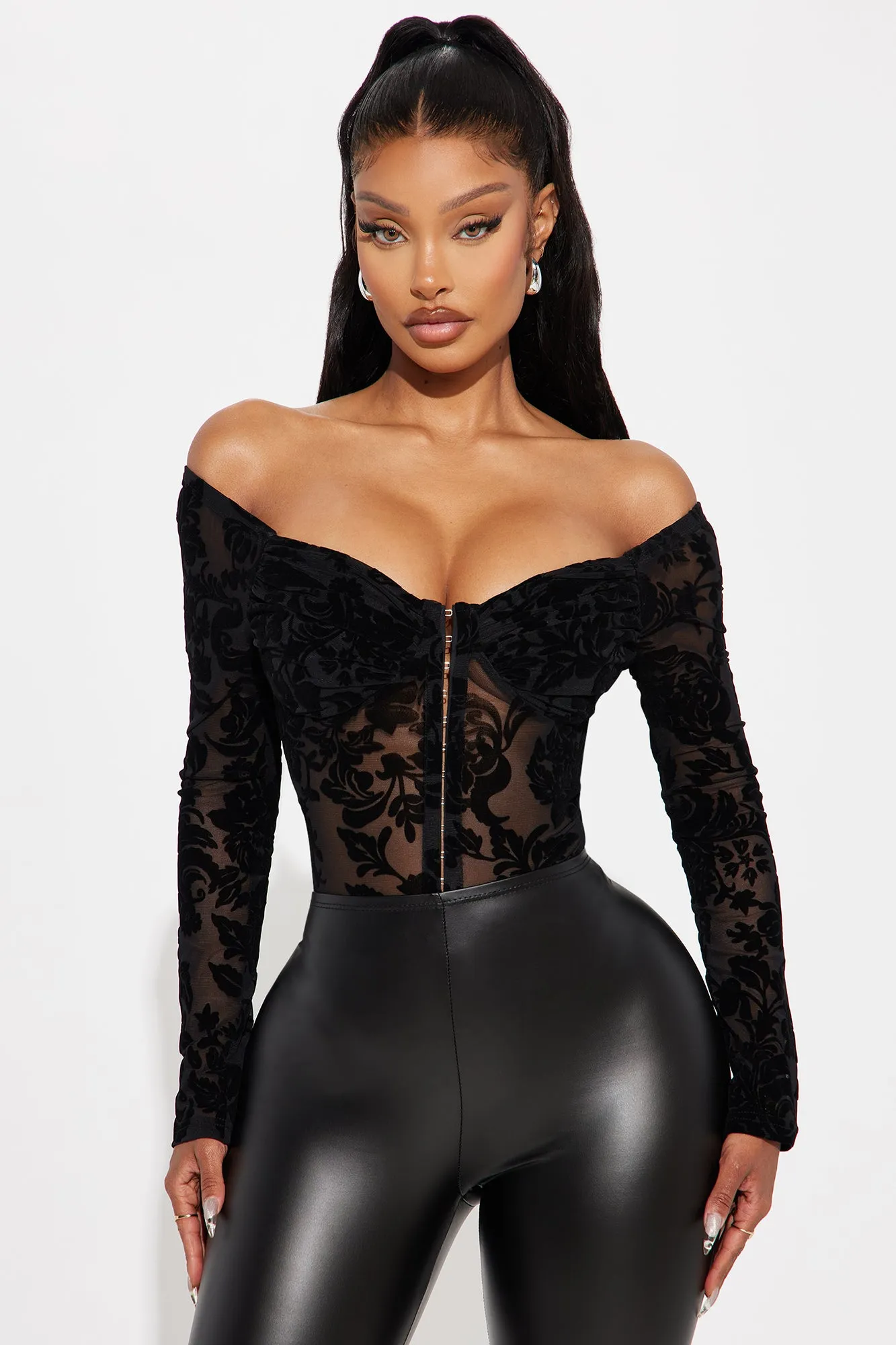 Mi Amore Flocked Bodysuit - Black sold by Fashion Nova product image thumbnail 3