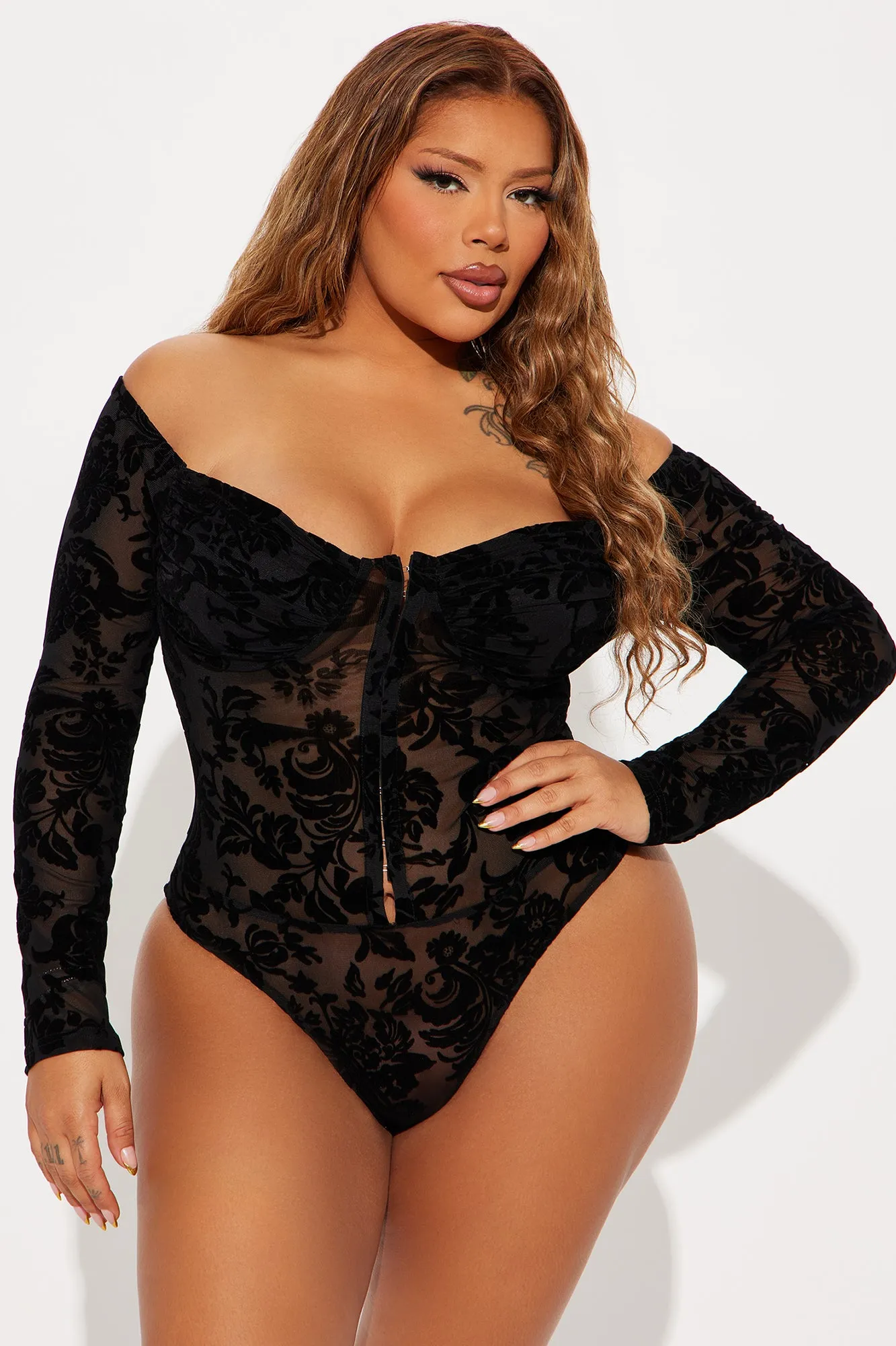 Mi Amore Flocked Bodysuit - Black sold by Fashion Nova product image thumbnail 5