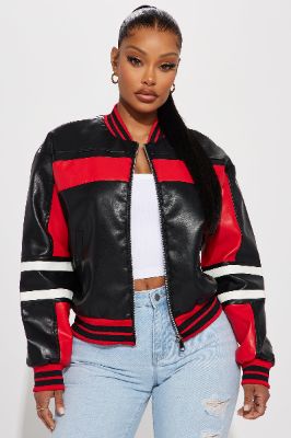 Detroit Faux Leather Bomber Jacket - Black/Red sold by Fashion Nova