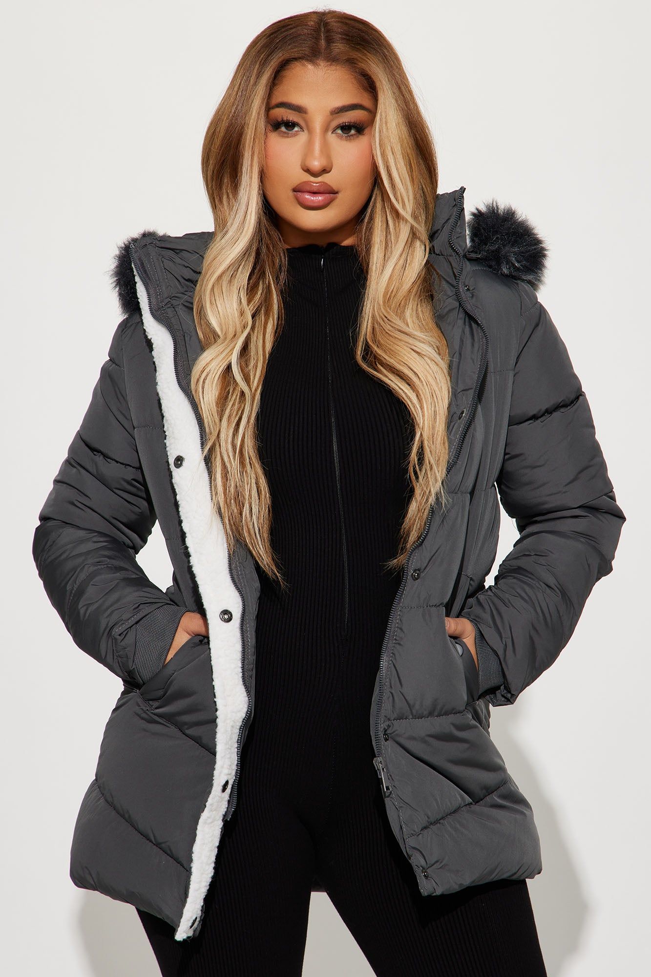 Snow Glow Long Puffer Jacket - Charcoal sold by Fashion Nova