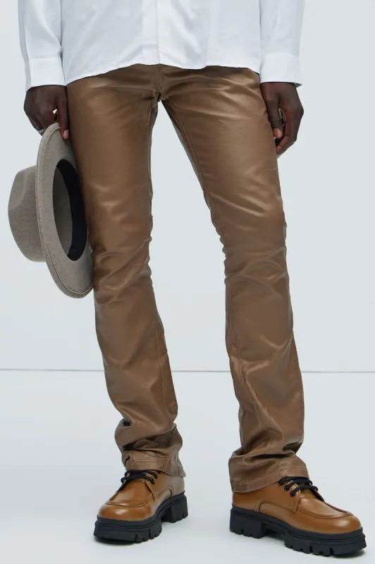 Keep It Solid Faux Leather Stacked Skinny Flare Pants - Brown sold by Fashion Nova