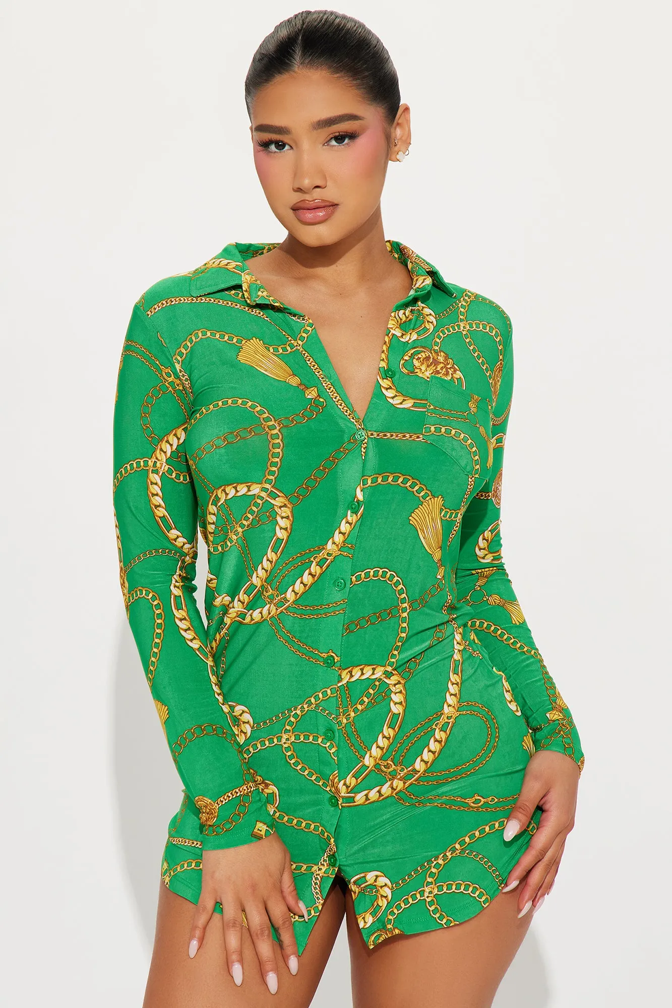 Luxe Legacy Mini Shirt Dress - Green/combo sold by Fashion Nova