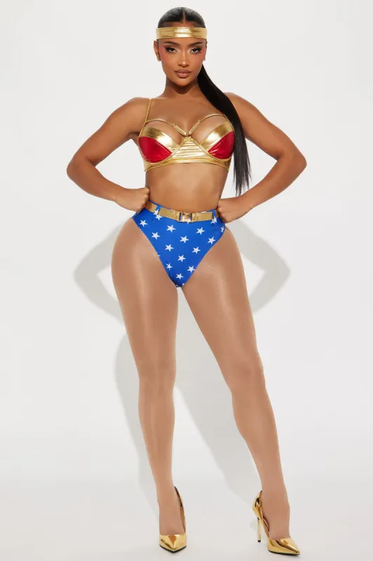 Wonderous Hero 4 Piece Costume Set - Gold/Blue sold by Fashion Nova