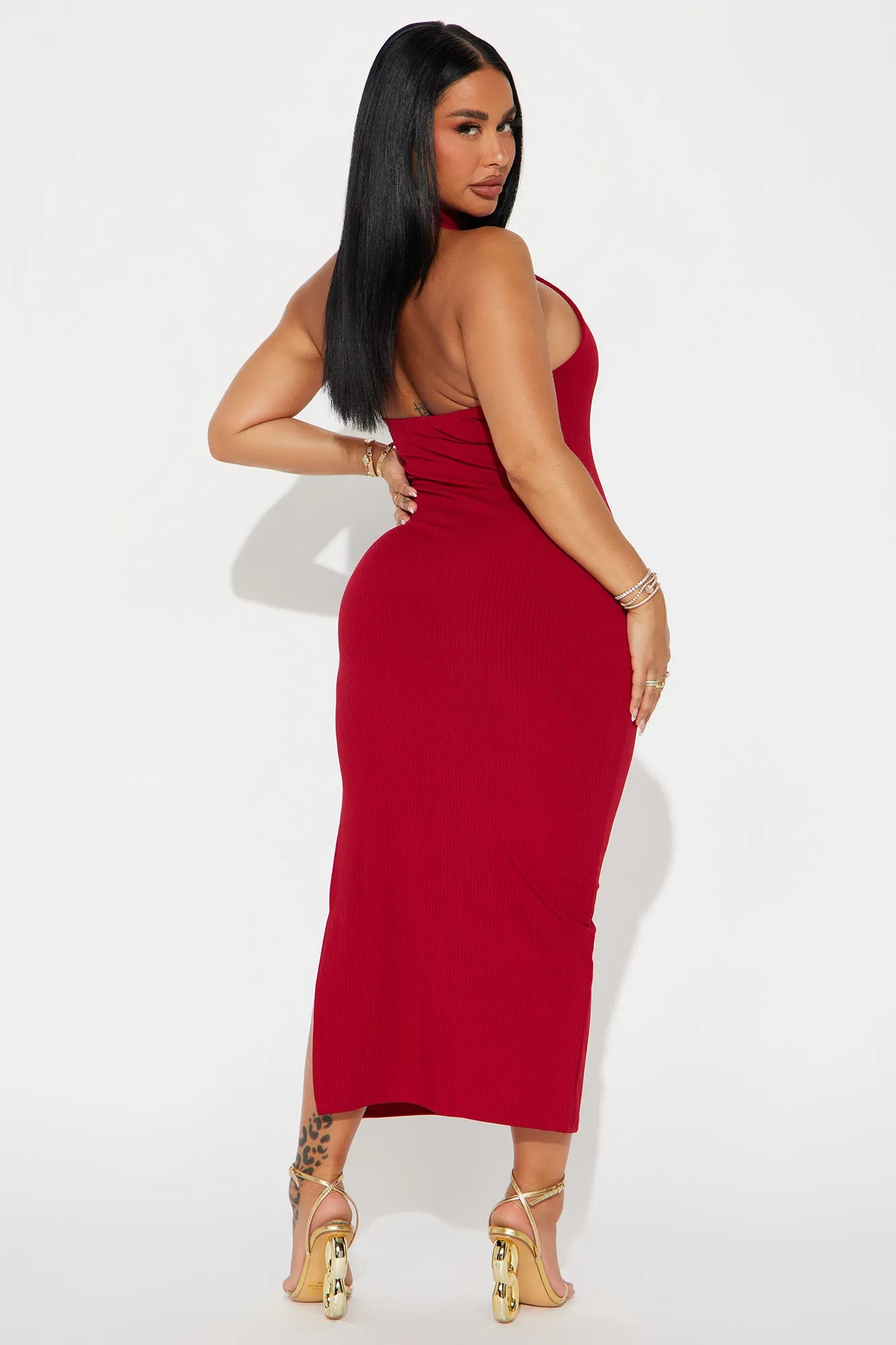 Cleo Ribbed High Neck Midi Dress - Burgundy sold by Fashion Nova product image thumbnail 3