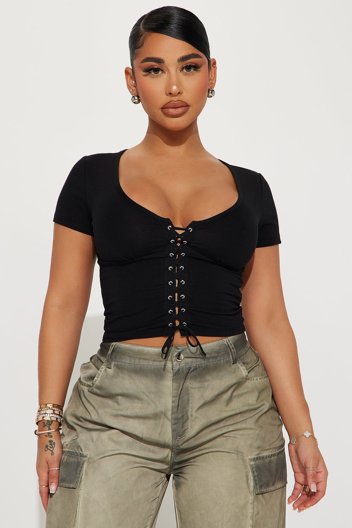 Lilly Lace Up Top - Black sold by Fashion Nova