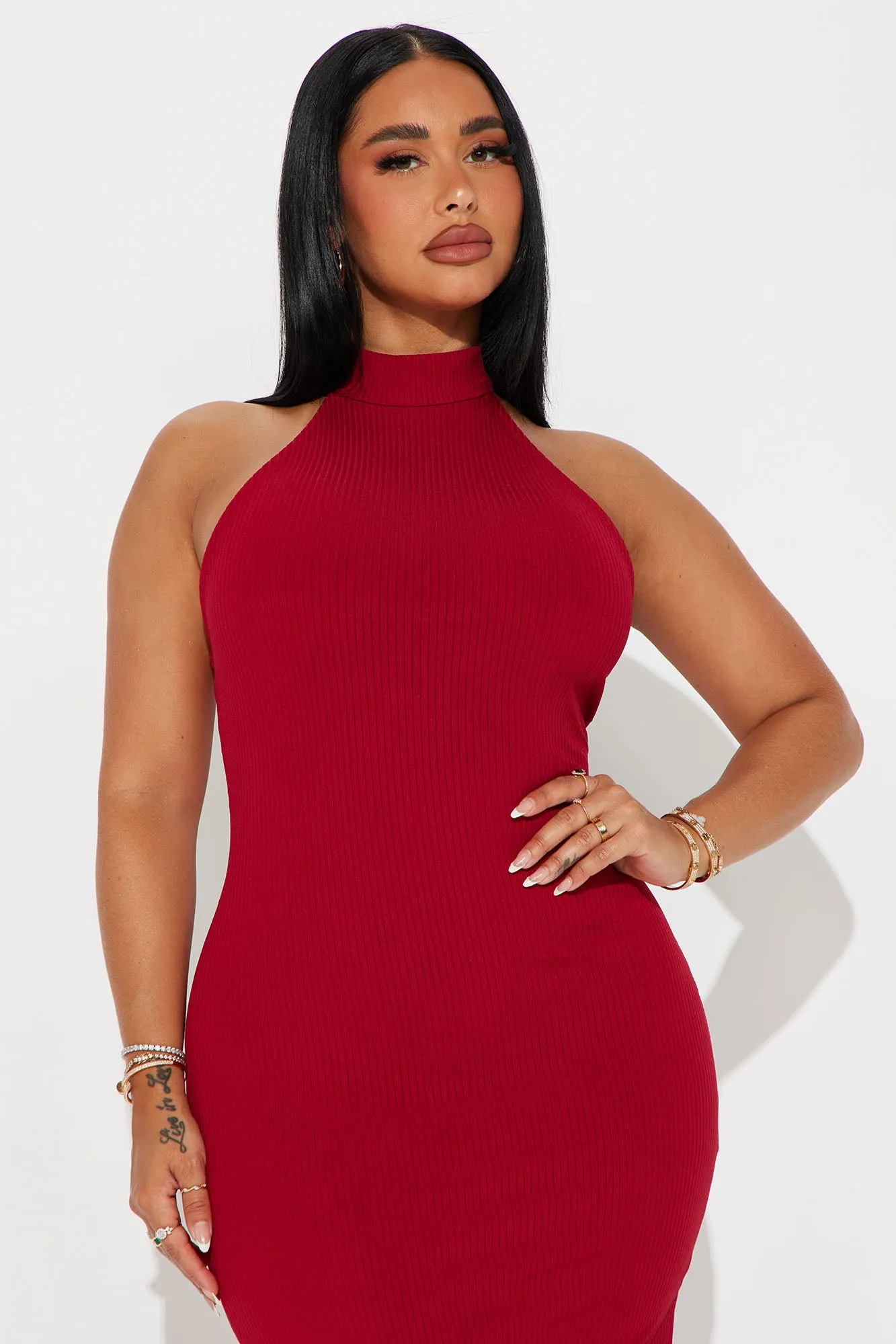Cleo Ribbed High Neck Midi Dress - Burgundy sold by Fashion Nova product image thumbnail 2