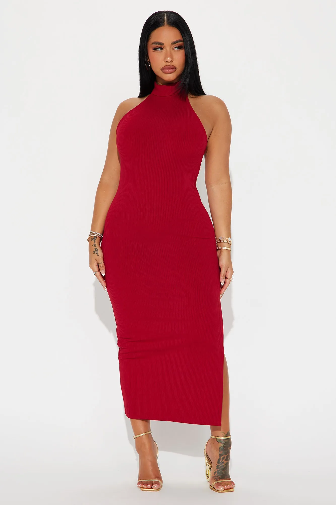 Cleo Ribbed High Neck Midi Dress - Burgundy sold by Fashion Nova