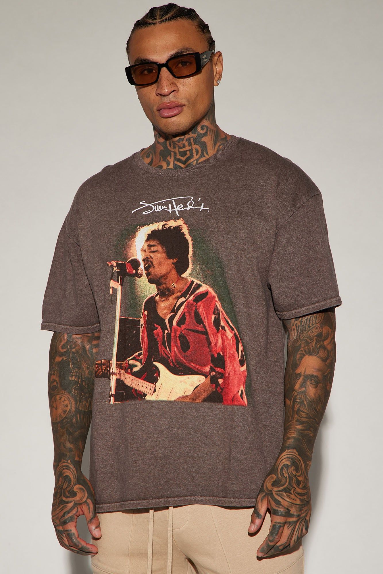 Jimi Hendrix Live On Stage Short Sleeve Tee - Brown sold by Fashion Nova