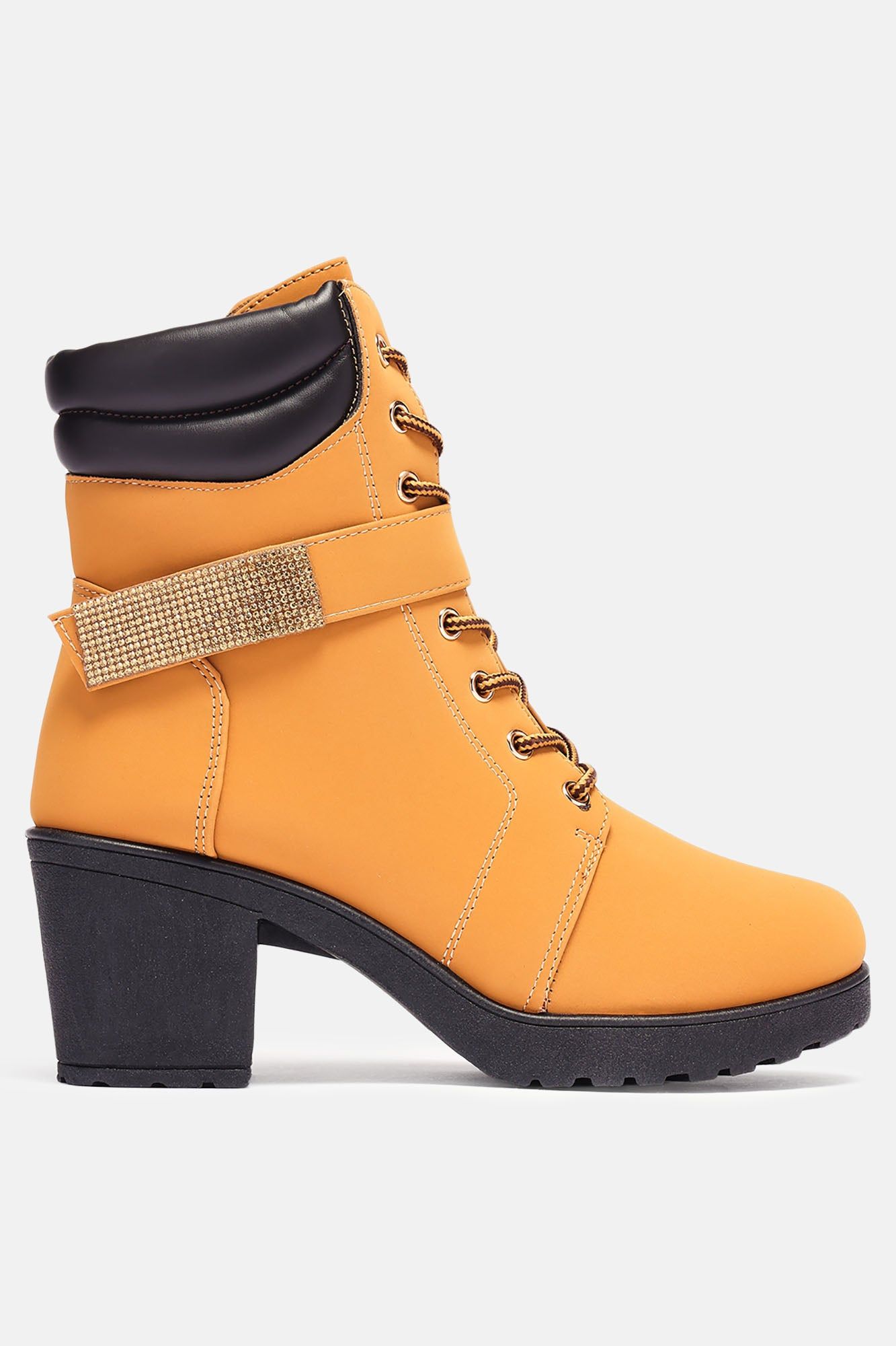 Mini PU Buckle Heeled Boots - Camel sold by Fashion Nova