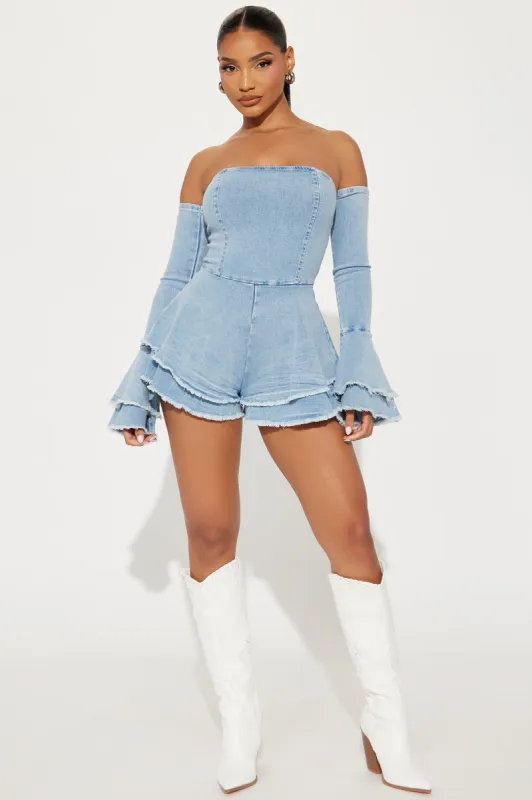 Days In The Sun Denim Romper - Light Wash sold by Fashion Nova