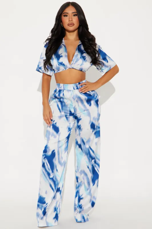 Klarissa Tie Dye Satin Pant Set - Navy sold by Fashion Nova