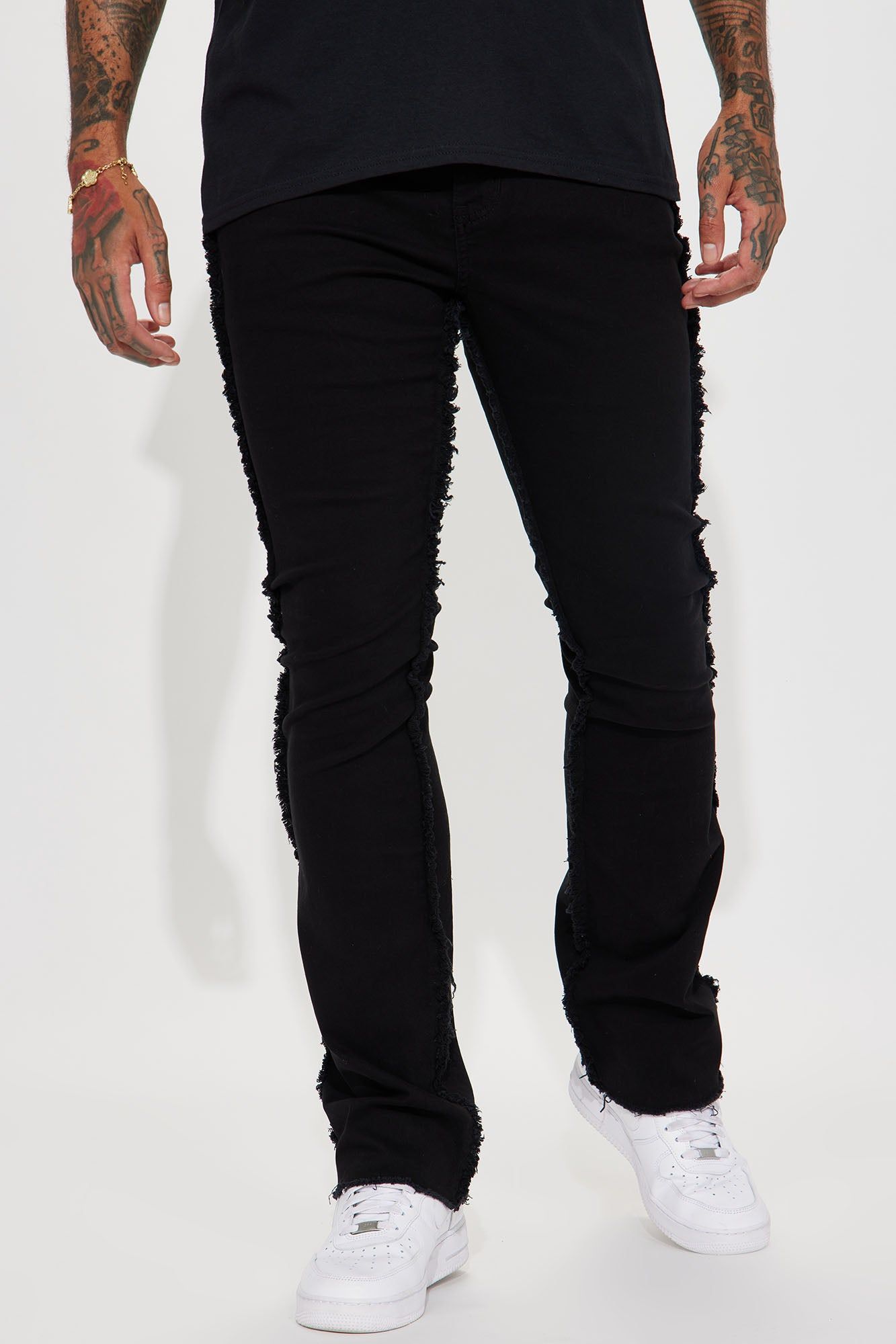 Good Life Frayed Stacked Skinny Flare Pants - Black sold by Fashion Nova